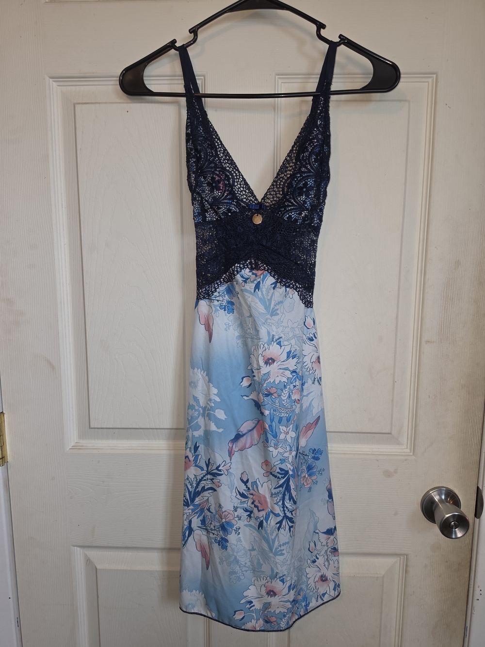 Navy Lace & Light Blue Floral Slip Dress